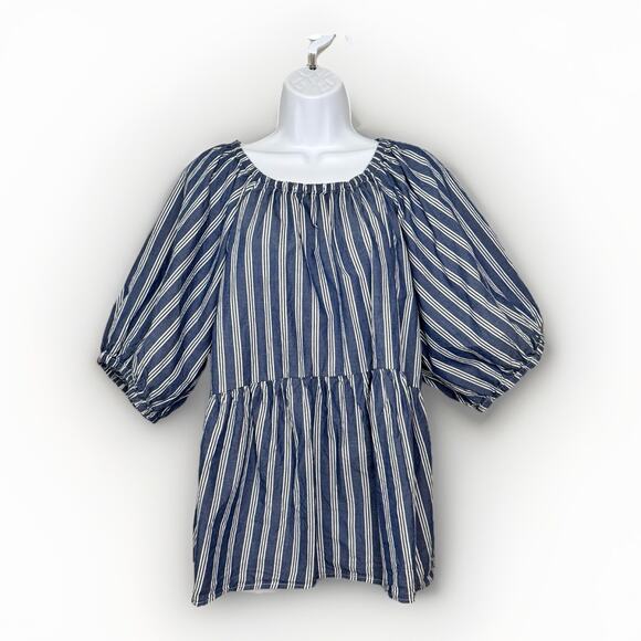 Old Navy Puff Sleeve Milkmaid Baby Doll Top 2X Plus Blue White Nautical Stripe - Picture 2 of 15